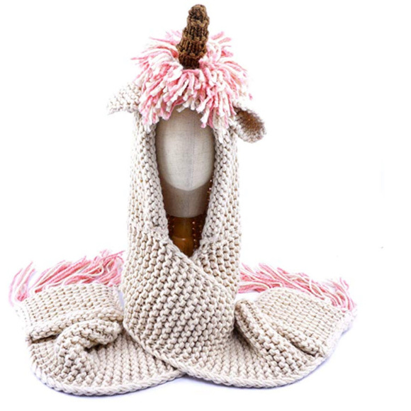 Other - Unicorn Crocheted Knitted Pink Girl’s hooded scarf